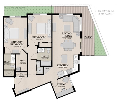 Floor plan for 2 beds, 2 baths, 1215 sqft